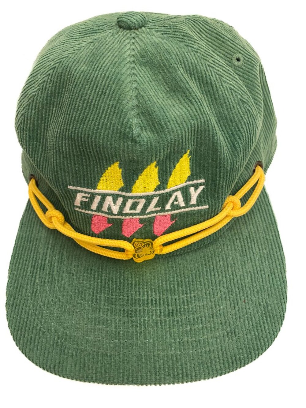 FINDLAY Portland Snapback Green Corduroy Hat with Yellow Cord + Flower Charm